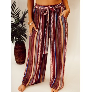 Ethnic pattern stripe pattern with waistband wide leg pants