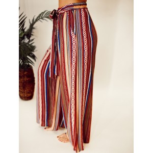 Ethnic pattern stripe pattern with waistband wide leg pants