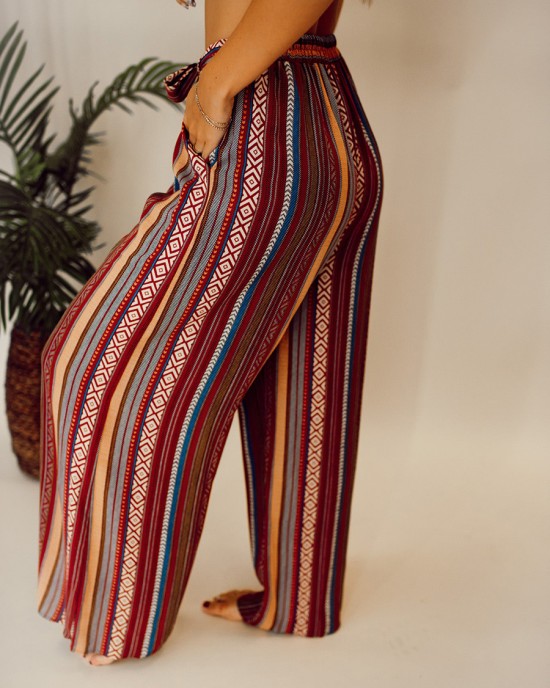 Ethnic pattern stripe pattern with waistband wide leg pants