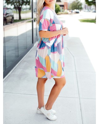 Contrast geometric pattern pleated dress