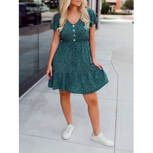 Green Flower Pattern Button Dress