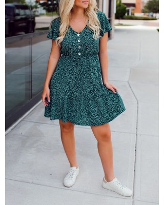 Green Flower Pattern Button Dress