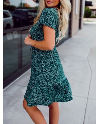 Green Flower Pattern Button Dress