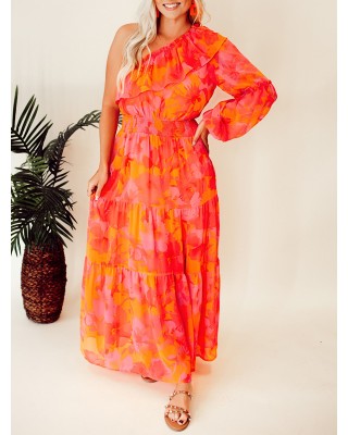 Rose Orange Flower Single Shoulder Long Dress