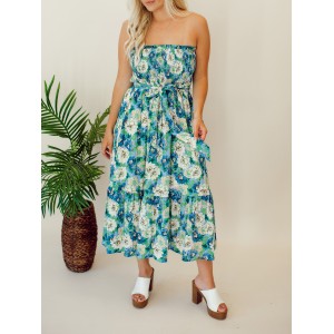 Floral patterned strapless mid length dress