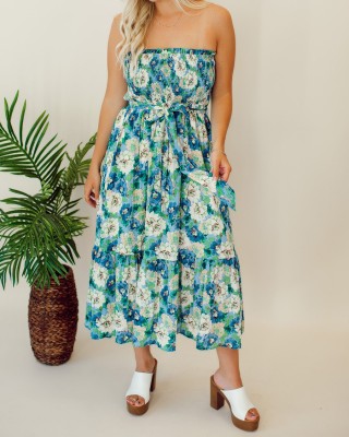 Floral patterned strapless mid length dress