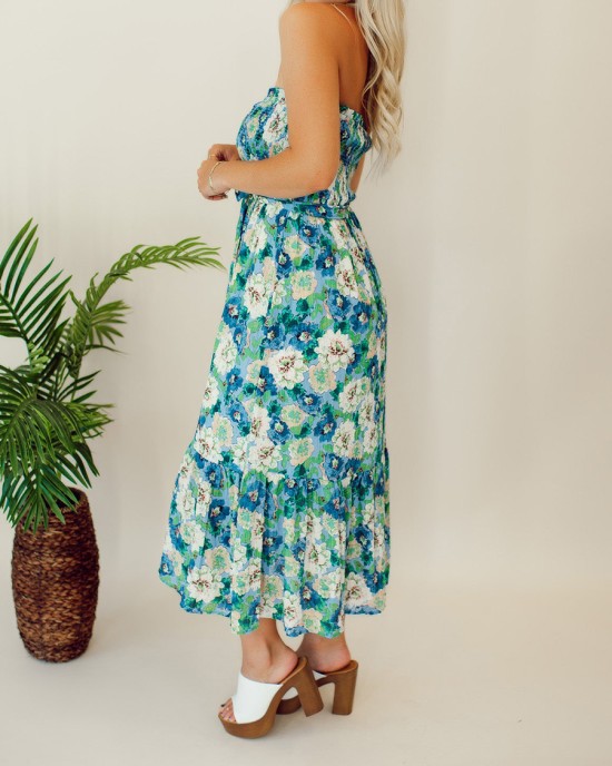 Floral patterned strapless mid length dress