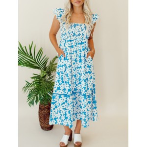 Blue floral pleated mid length dress