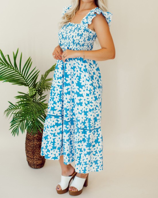 Blue floral pleated mid length dress