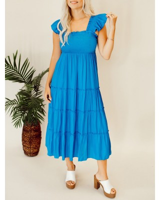 Blue pleated ruffled mid length dress