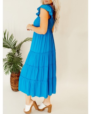 Blue pleated ruffled mid length dress