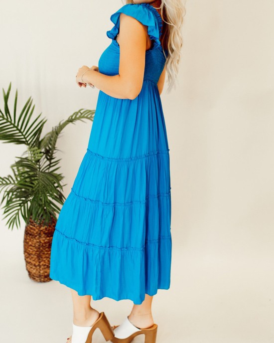 Blue pleated ruffled mid length dress