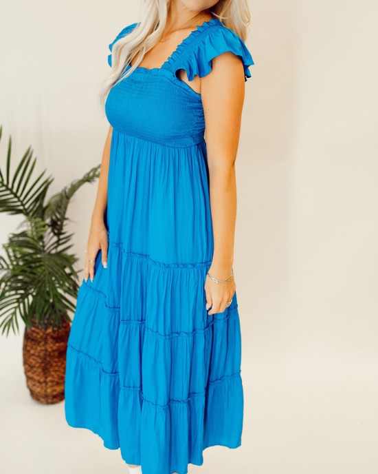 Blue pleated ruffled mid length dress