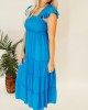 Blue pleated ruffled mid length dress