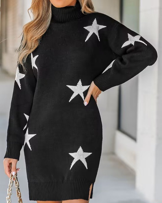 Women's Star Print Turtleneck Mini Sweater Dress