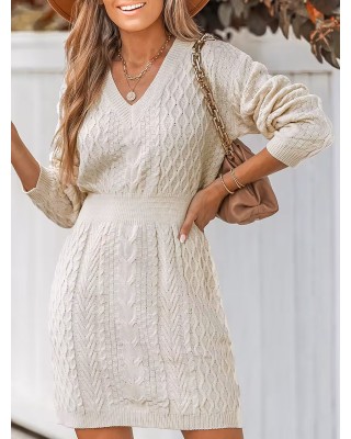 Women's Casual Cable Knit V-Neck Sweater Dress