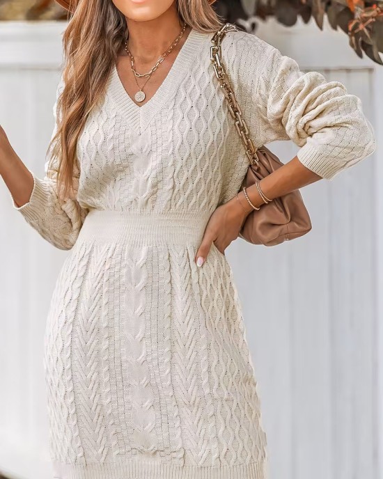 Women's Casual Cable Knit V-Neck Sweater Dress