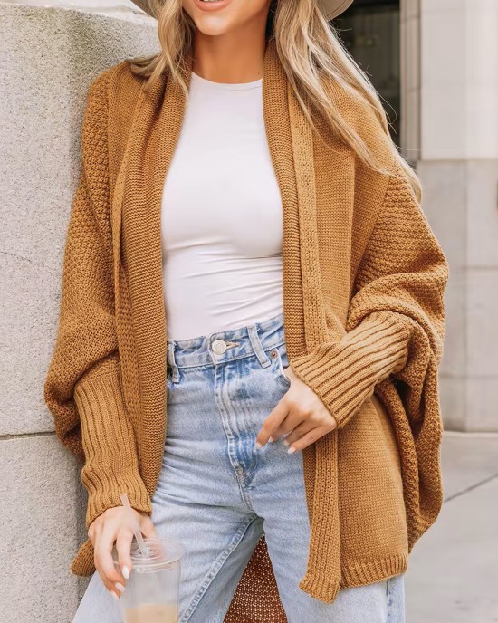 Camel Textured Knit Cardigan