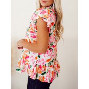 Pink and orange floral pattern pleated top