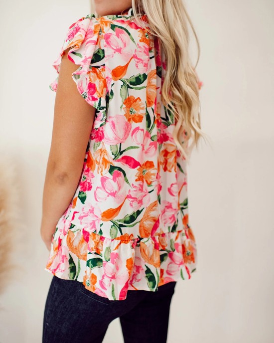 Pink and orange floral pattern pleated top