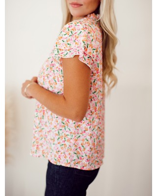 Flower pattern tie up layered short sleeved top