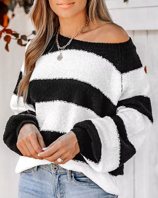 Women's Striped One Shoulder Plush Knitted Sweater