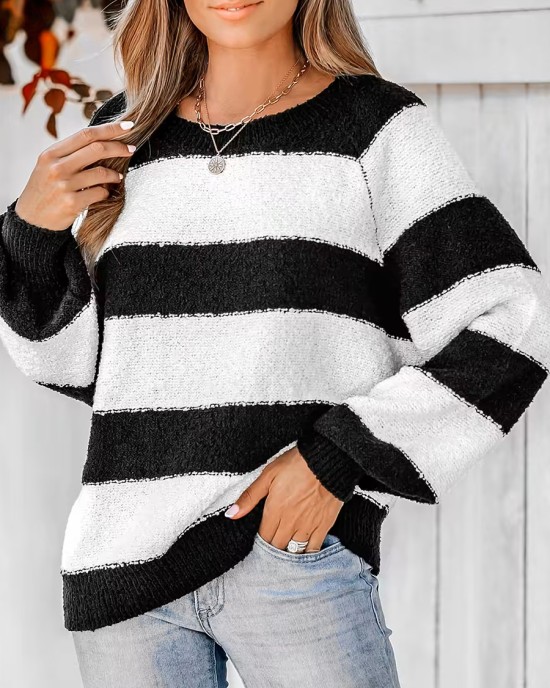 Women's Striped One Shoulder Plush Knitted Sweater