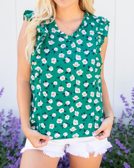 Green floral ruffled short sleeved shirt