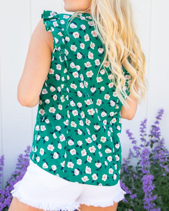 Green floral ruffled short sleeved shirt