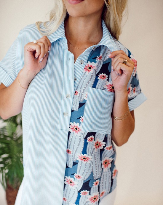 Striped patchwork floral pattern pocket shirt