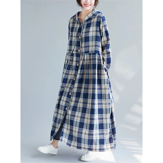 Casual Hooded Trench Coat Long Sleeve Single Breasted Plaid Cotton Office Lady Dress Casual Hooded Trench Coat Long Sleeve Single Breasted Plaid Cotton Office Lady Dress