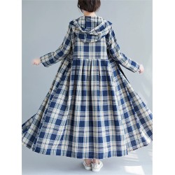 Casual Hooded Trench Coat Long Sleeve Single Breasted Plaid Cotton Office Lady Dress