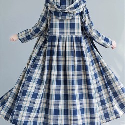 Casual Hooded Trench Coat Long Sleeve Single Breasted Plaid Cotton Office Lady Dress