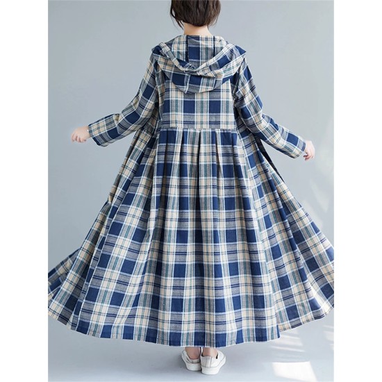 Casual Hooded Trench Coat Long Sleeve Single Breasted Plaid Cotton Office Lady Dress Casual Hooded Trench Coat Long Sleeve Single Breasted Plaid Cotton Office Lady Dress