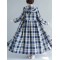 Casual Hooded Trench Coat Long Sleeve Single Breasted Plaid Cotton Office Lady Dress