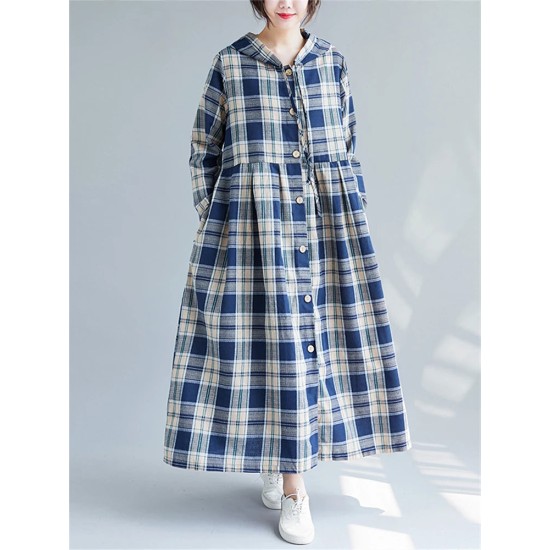 Casual Hooded Trench Coat Long Sleeve Single Breasted Plaid Cotton Office Lady Dress Casual Hooded Trench Coat Long Sleeve Single Breasted Plaid Cotton Office Lady Dress
