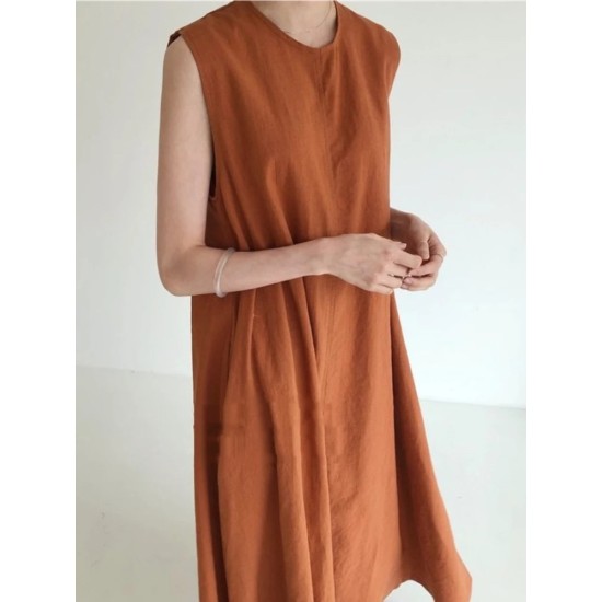 Cotton Linen Sleeveless Women's Long Dresses Solid O-Neck Style Cotton Linen Sleeveless Women's Long Dresses Solid O-Neck Style