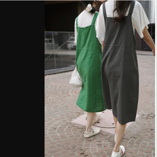 Fashion Cotton Linen Spaghetti Strap Dress Loose Pockets Fashion Cotton Linen Spaghetti Strap Dress Loose Pockets