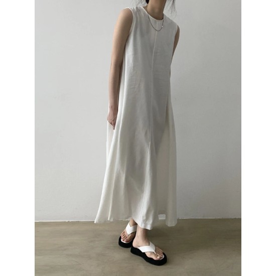Cotton Linen Sleeveless Women's Long Dresses Solid O-Neck Style Cotton Linen Sleeveless Women's Long Dresses Solid O-Neck Style