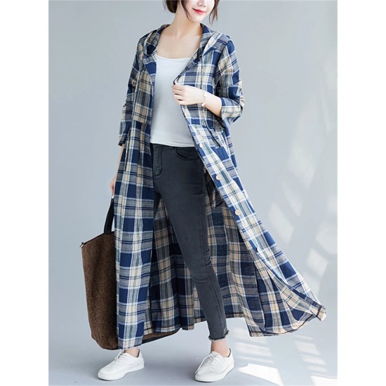 Casual Hooded Trench Coat Long Sleeve Single Breasted Plaid Cotton Office Lady Dress Casual Hooded Trench Coat Long Sleeve Single Breasted Plaid Cotton Office Lady Dress