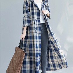 Casual Hooded Trench Coat Long Sleeve Single Breasted Plaid Cotton Office Lady Dress