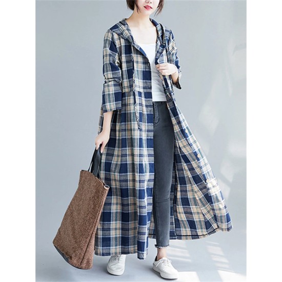 Casual Hooded Trench Coat Long Sleeve Single Breasted Plaid Cotton Office Lady Dress Casual Hooded Trench Coat Long Sleeve Single Breasted Plaid Cotton Office Lady Dress