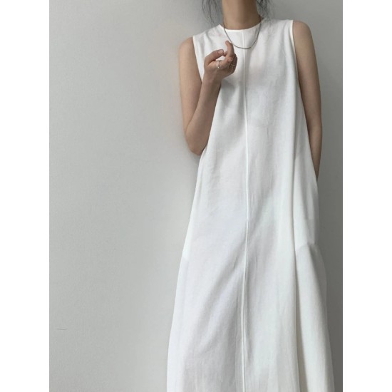 Cotton Linen Sleeveless Women's Long Dresses Solid O-Neck Style Cotton Linen Sleeveless Women's Long Dresses Solid O-Neck Style