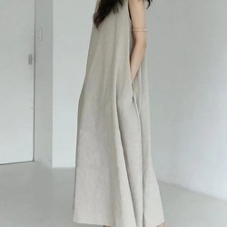 Cotton Linen Sleeveless Women's Long Dresses Solid O-Neck Style