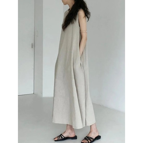 Cotton Linen Sleeveless Women's Long Dresses Solid O-Neck Style Cotton Linen Sleeveless Women's Long Dresses Solid O-Neck Style