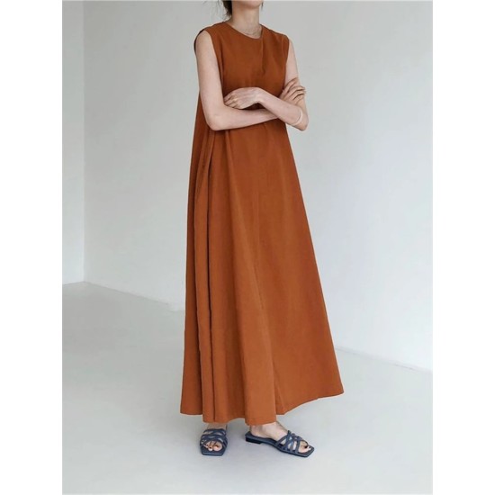Cotton Linen Sleeveless Women's Long Dresses Solid O-Neck Style Cotton Linen Sleeveless Women's Long Dresses Solid O-Neck Style