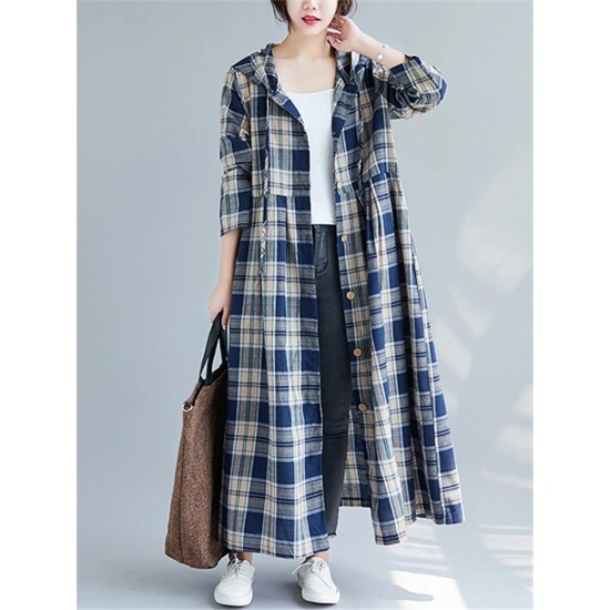 Casual Hooded Trench Coat Long Sleeve Single Breasted Plaid Cotton Office Lady Dress Casual Hooded Trench Coat Long Sleeve Single Breasted Plaid Cotton Office Lady Dress