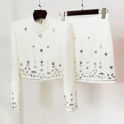Beading Rhinestone Turtleneck Tops Pencil Mini Skirt Women 2Pcs