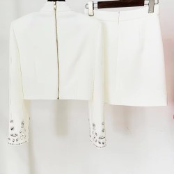 Beading Rhinestone Turtleneck Tops Pencil Mini Skirt Women 2Pcs