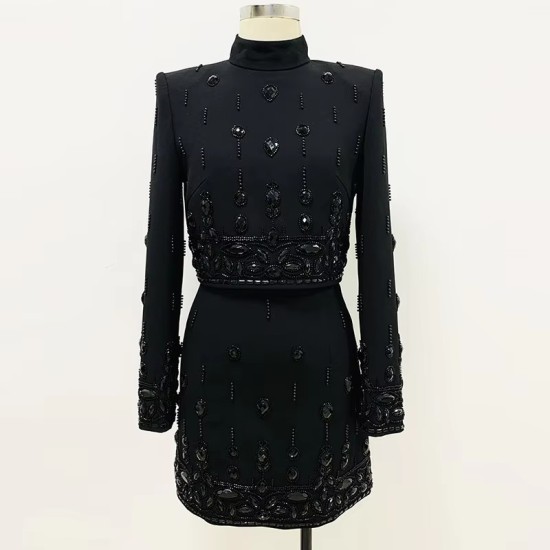 Beading Rhinestone Turtleneck Tops Pencil Mini Skirt Women 2Pcs Beading Rhinestone Turtleneck Tops Pencil Mini Skirt Women 2Pcs